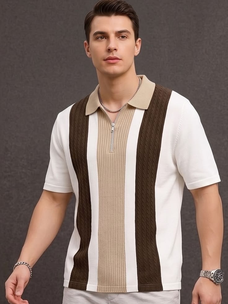 KAJARU Men Self Design Polo Neck Cotton Blend Black, Brown, Beige T-Shirt