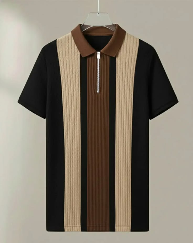 KAJARU Men Self Design Polo Neck Cotton Blend Black, Brown, Beige T-Shirt - Image 2